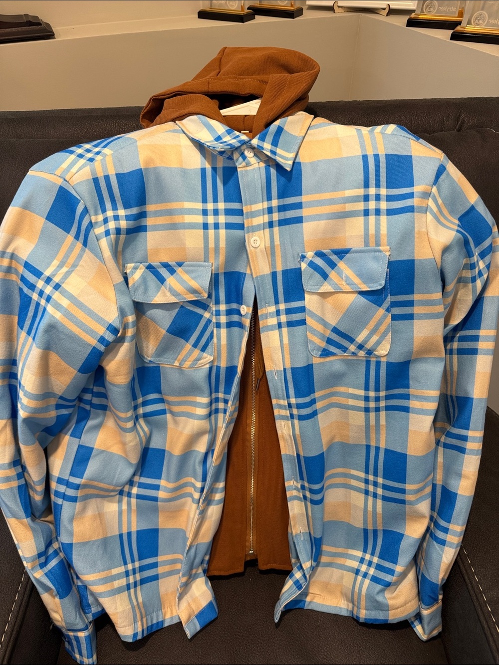 Men's Blue and Cream Plaid Shirt Jacket
